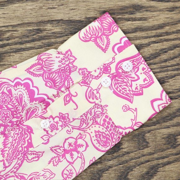 NWT Lands' End Sleeve Dress Shirt 484704 14 Tall Alabaster Jacquard Floral Pink - Picture 4 of 5